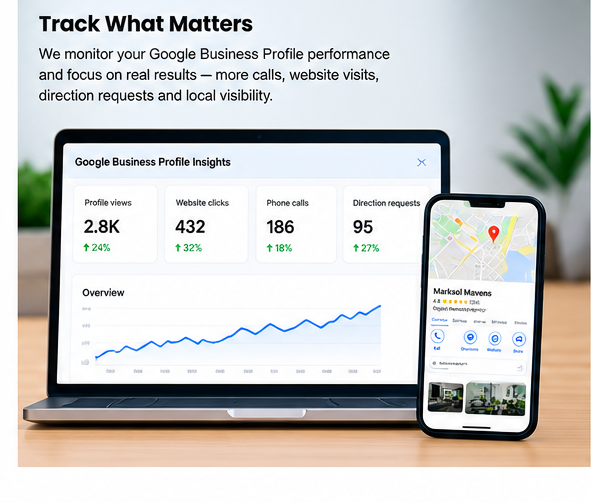 Google Business Profile performance dashboard showing calls, clicks and local visibility