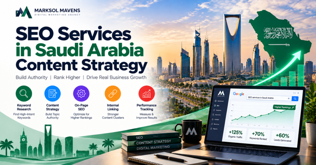 SEO services in Saudi Arabia with content strategy, topic clusters, Arabic SEO, internal linking and technical optimization