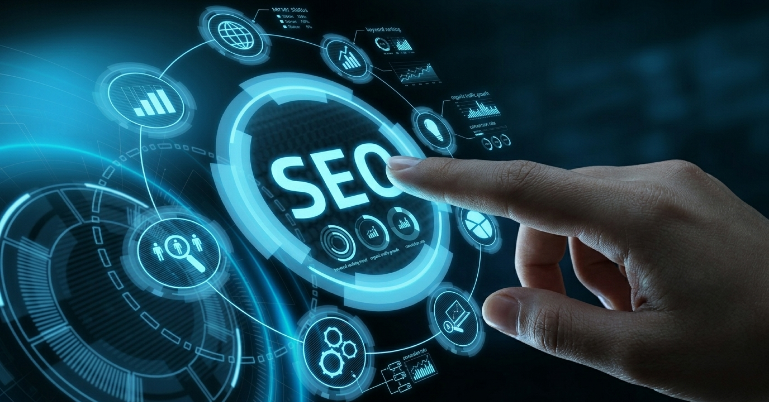 Digital SEO interface showing search optimization, analytics and website performance elements