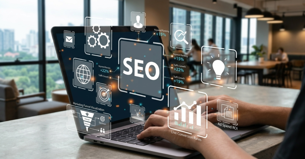 Laptop displaying SEO analytics, keyword rankings, traffic growth and conversion performance