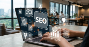 Laptop displaying SEO analytics, keyword rankings, traffic growth and conversion performance