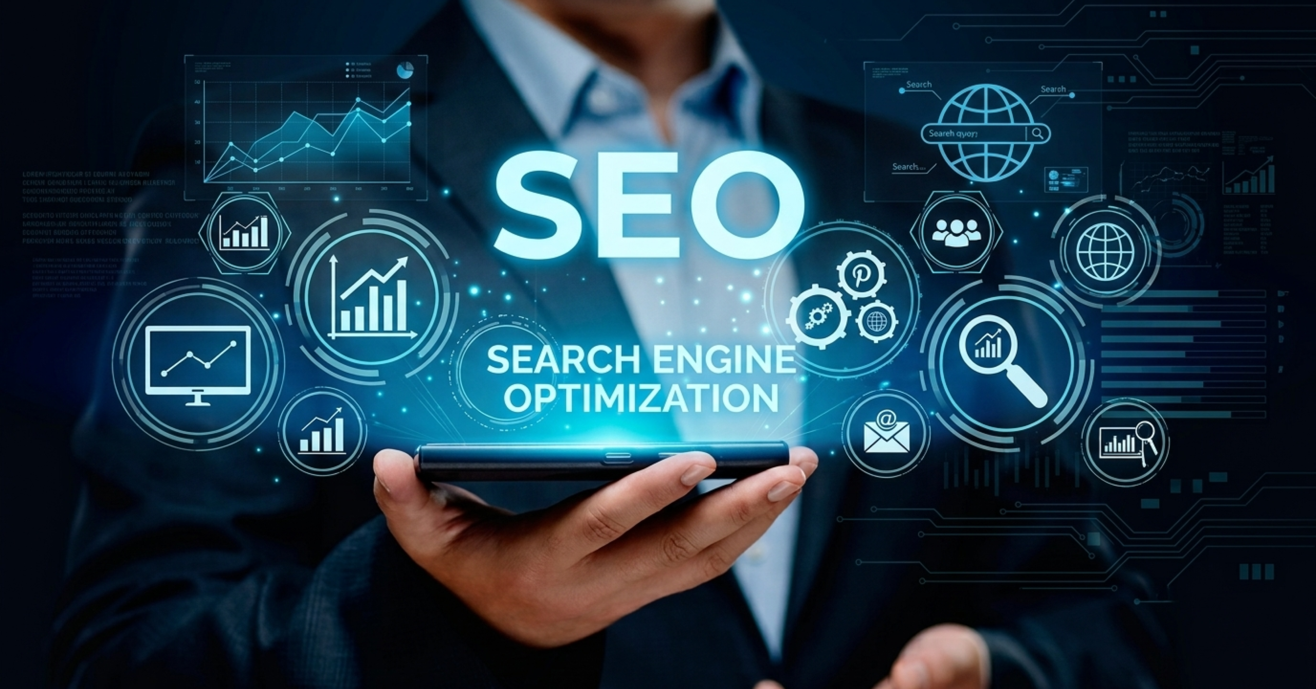 SEO dashboard displayed around a smartphone with search rankings, analytics and optimization icons