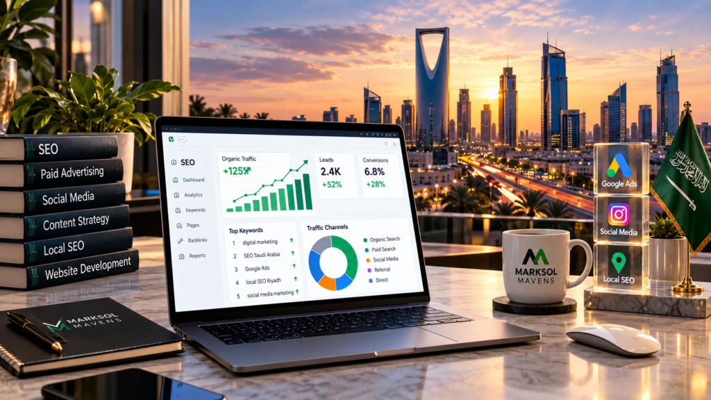 Full-funnel digital marketing strategy in Saudi Arabia connecting SEO, paid media, social media, local search, content and customer conversion