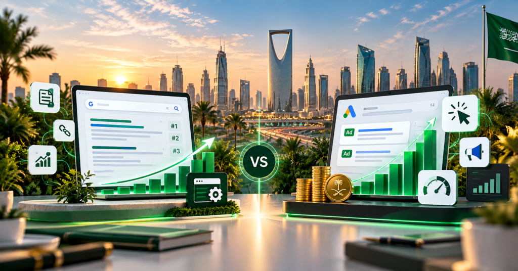 SEO vs paid advertising in Saudi Arabia with organic search rankings, Google Ads and digital marketing growth