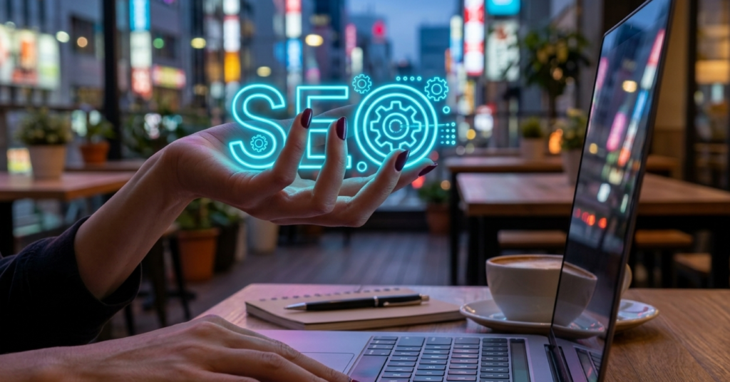 SEO services in Saudi Arabia represented by search engine optimization technology, website analysis and digital marketing on a laptop