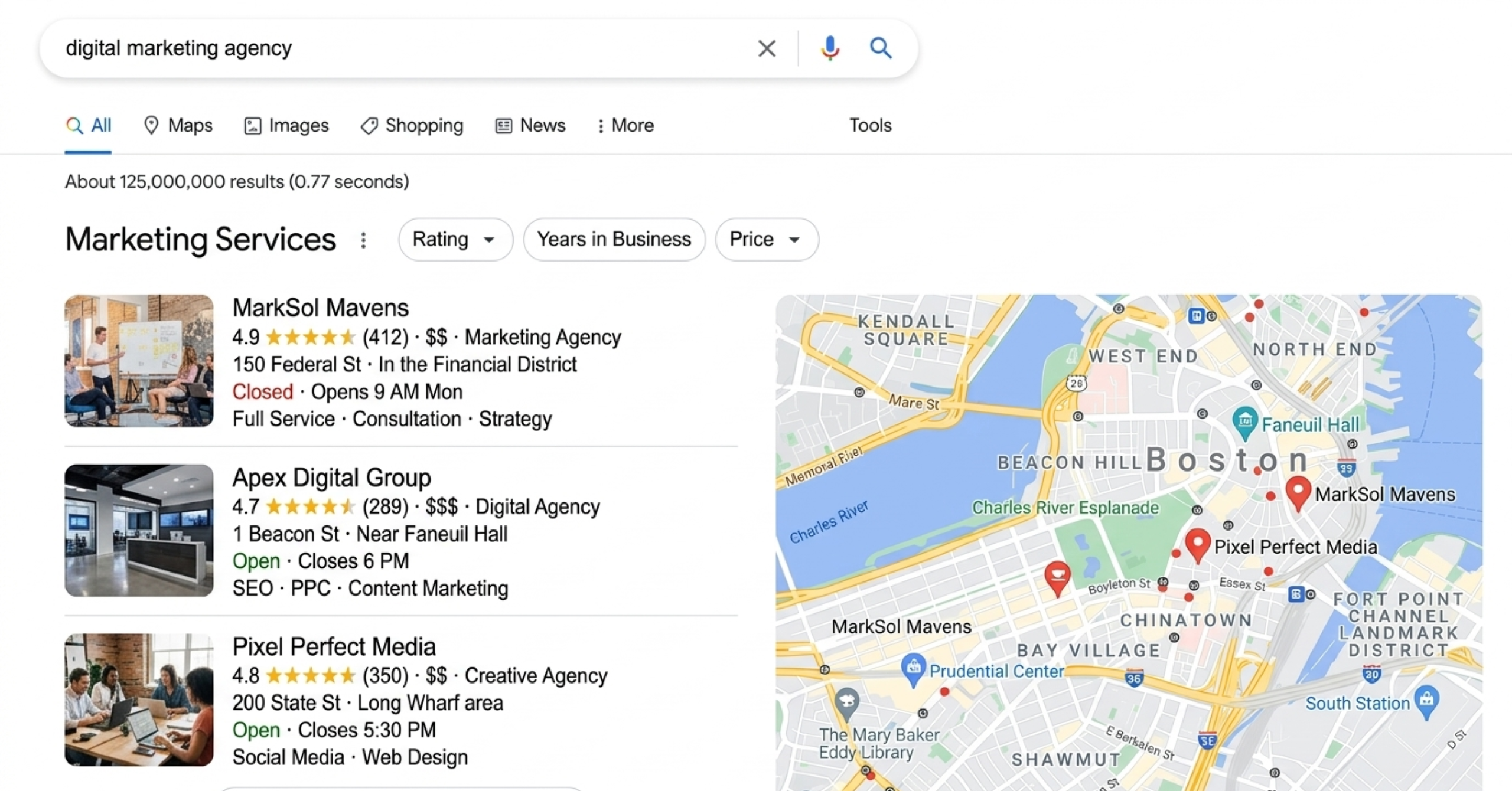 Business Profile displaying hours, service categories, images and contact information